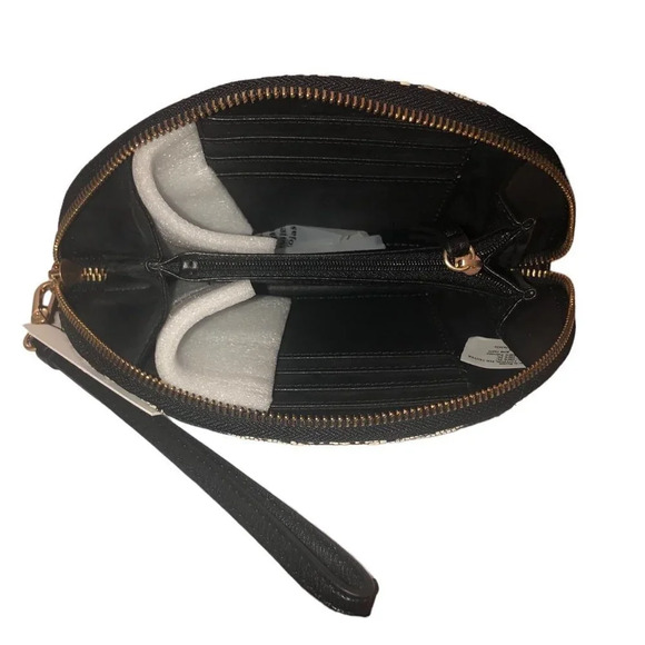 ELIZABETH & JAMES Vegan Leather Black & Cream Textile Halfmoon Wristlet Wallet - Picture 3 of 5